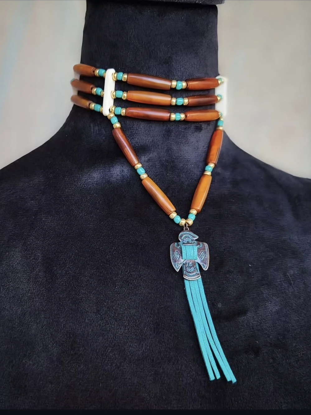 Turquoise Tassel Brown Bead Native-Inspired Necklace